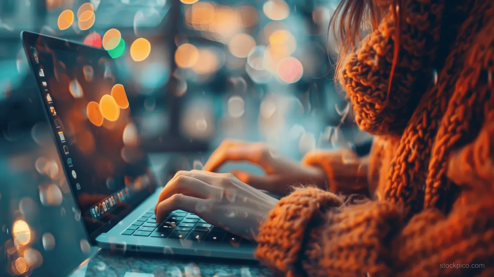 Closeup of hands typing on a laptop keyboard with warm blurred city lights behind.