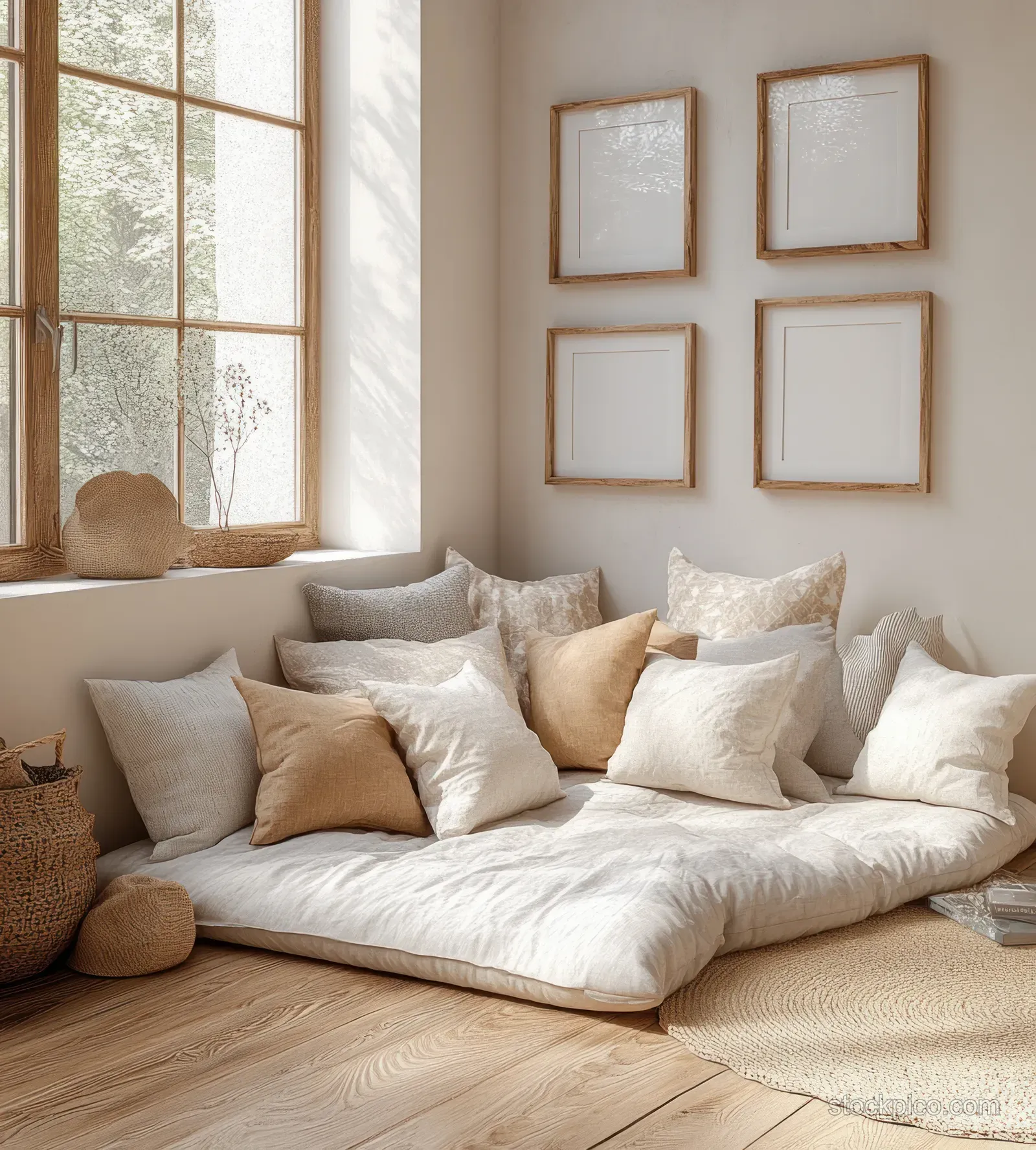 Cozy Scandinavian bedroom showing a wooden bed with plush pillows, soft daylight from a window, and minimal framed prints.
