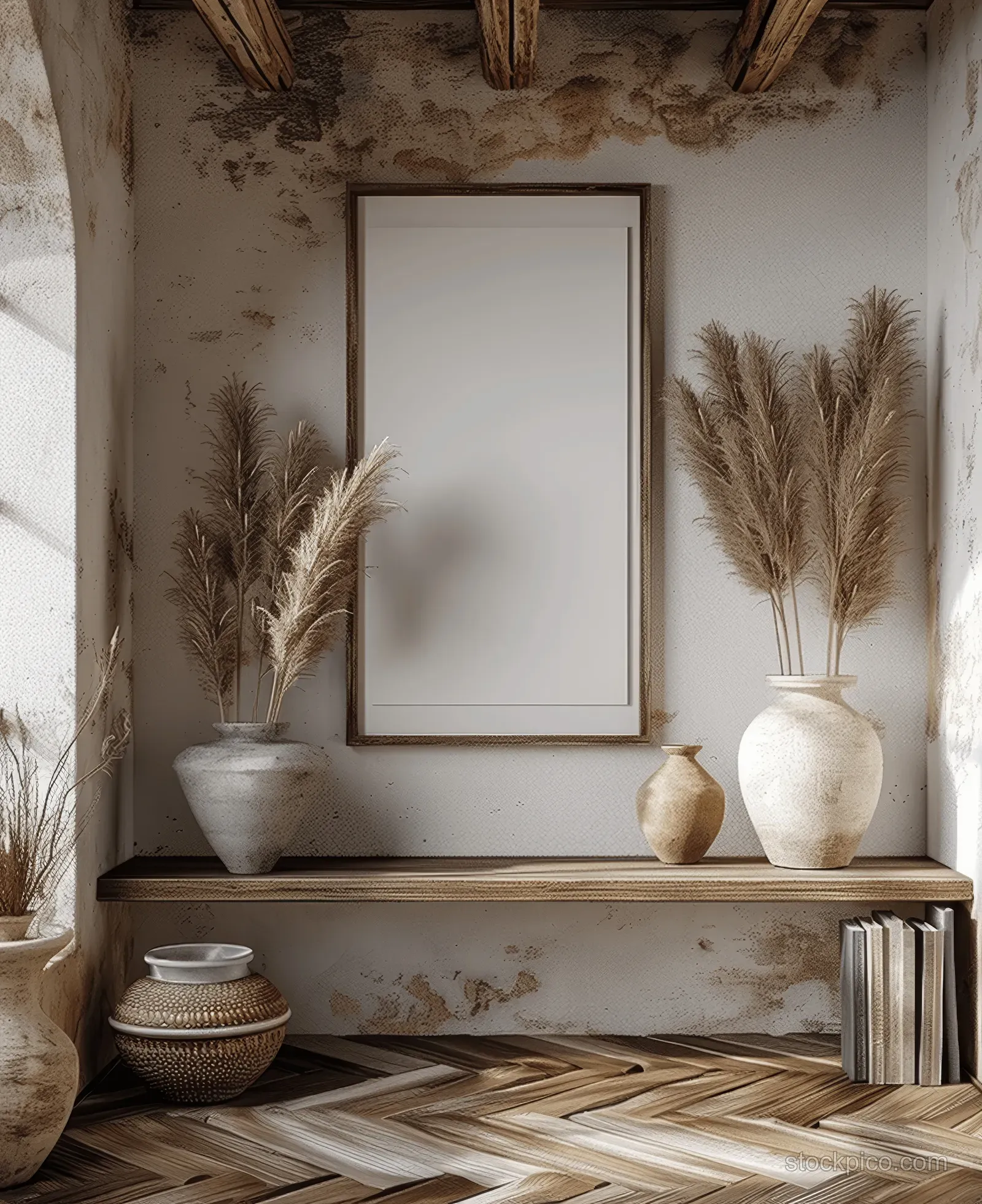 Blank poster frame hangs above rustic shelves with pampas grass vases and warm wooden floor details.