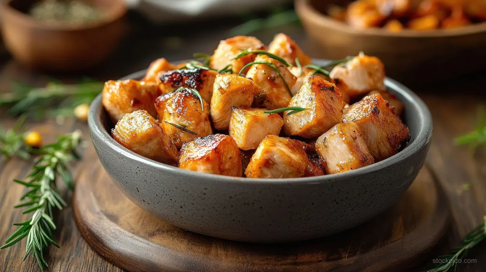 A bowl of grilled chicken breast cubes with fresh rosemary sits on a rustic wooden serving board.