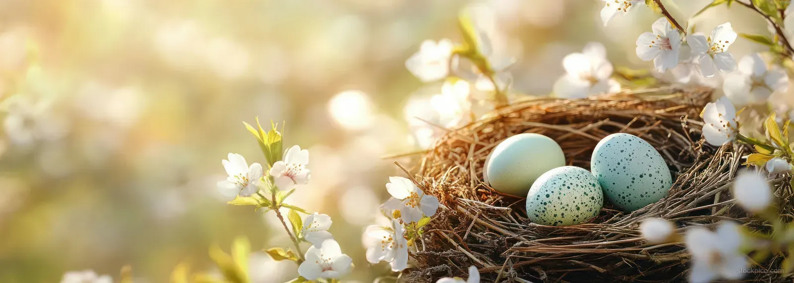 A bird nest with three speckled eggs sits among blooming white flowers in warm sunlight.