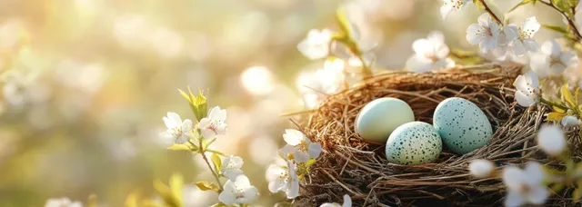 Three speckled bird eggs in nest among blooming white spring flowers