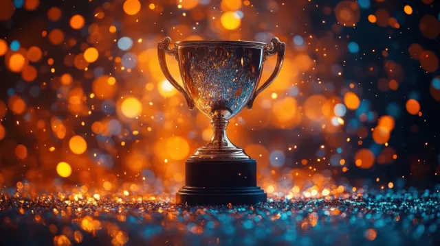 Glowing trophy cup on confetti-strewn stage with warm bokeh lights and sparkling dust