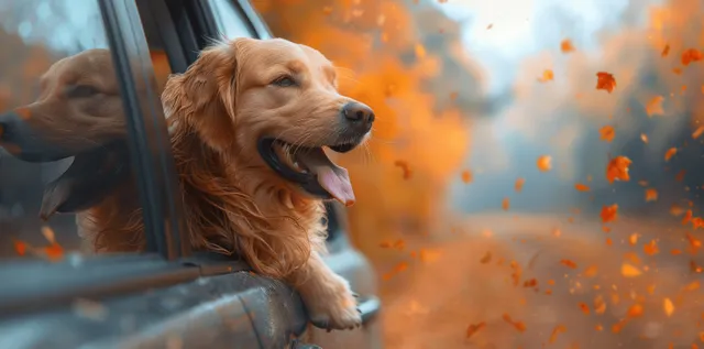 Golden retriever leans out a car window with tongue out while autumn leaves blow across the road.