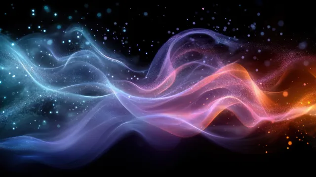 Flowing wave-like light particles glow in blue, purple, and orange across a dark cosmic background.