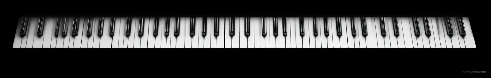 Black and white piano keys arranged horizontally across a black background with visible surface texture.