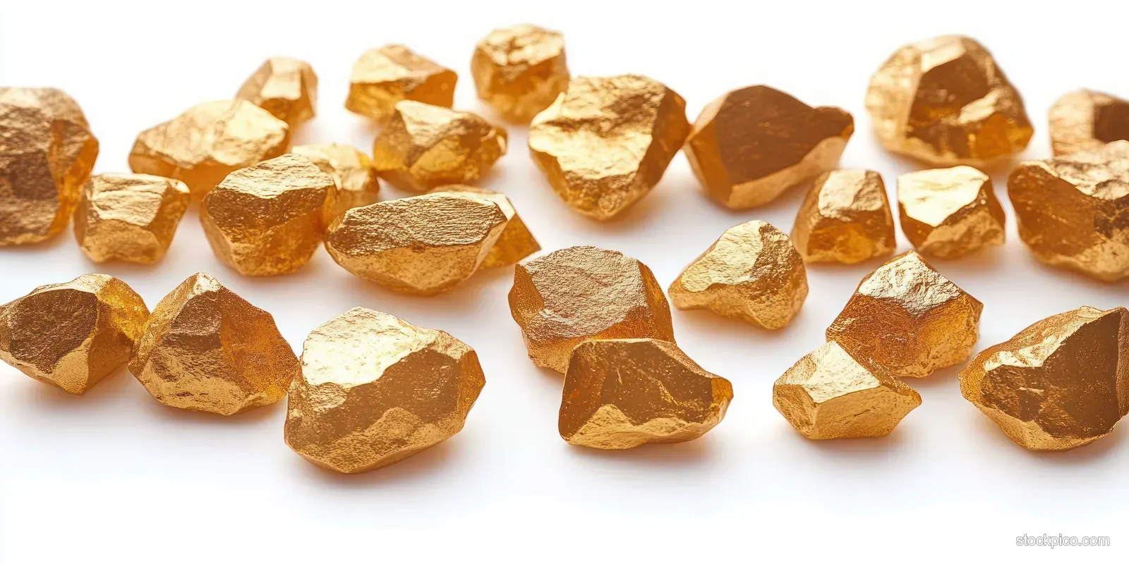 Scattered raw golden nuggets with rough glittering textures on a white background.