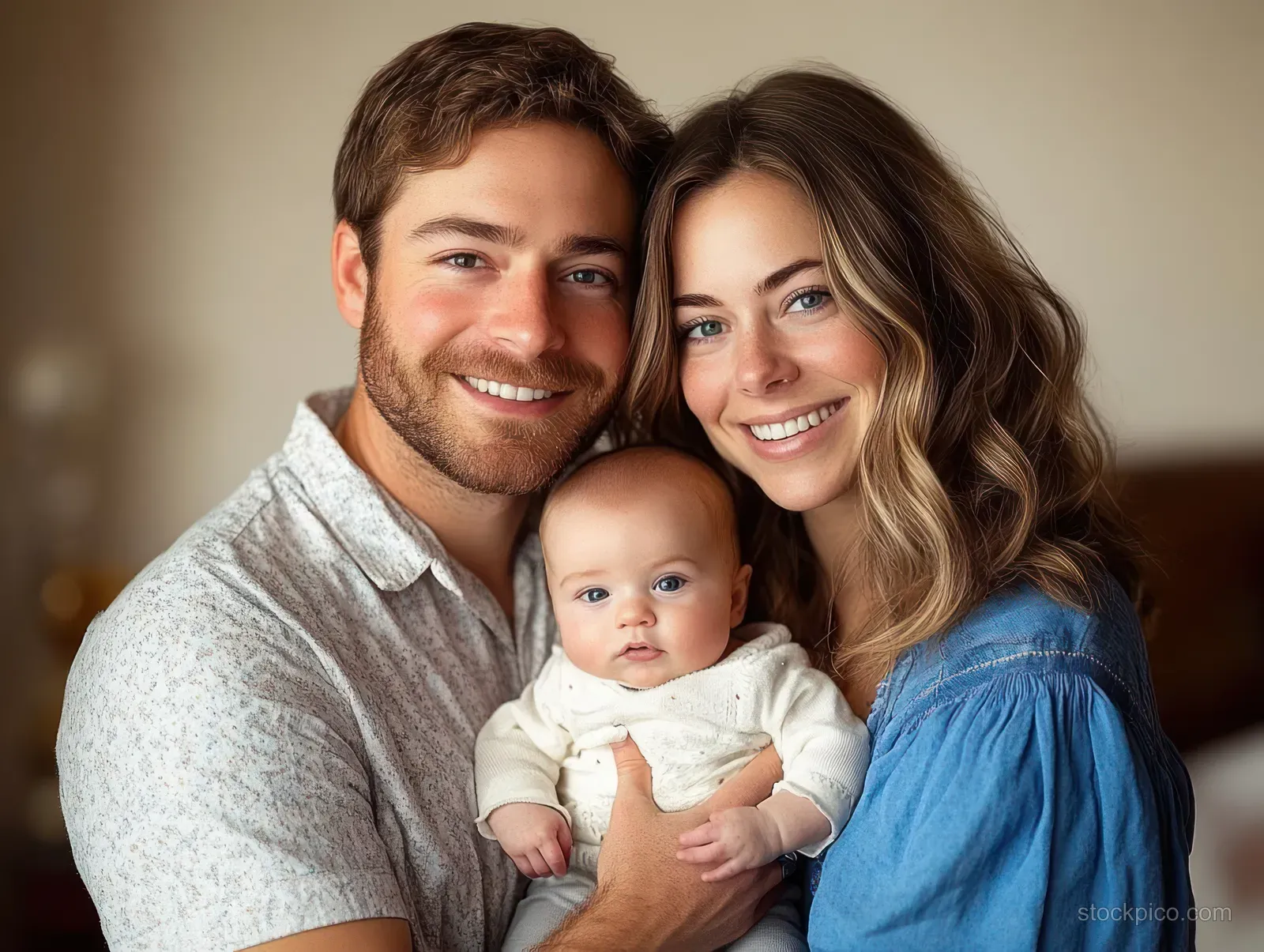 Smiling young parents hold their baby close together in a warm indoor home portrait.