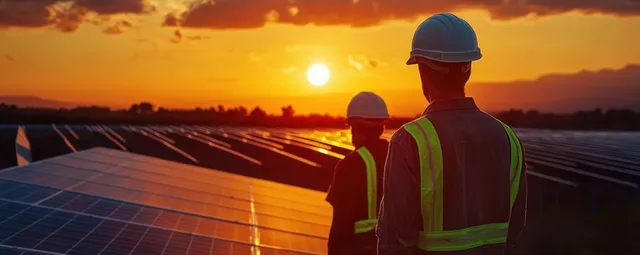 Two solar technicians inspecting rooftop panels at sunset, reflective vests catching golden light