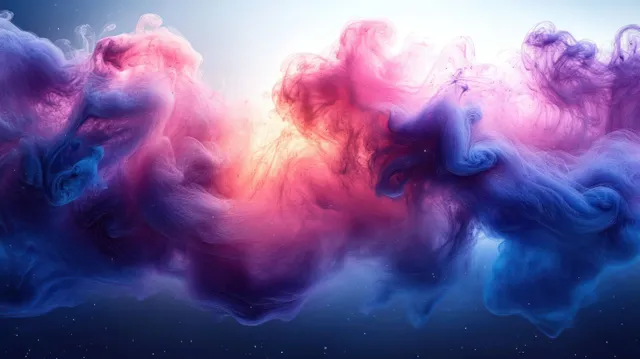 Vibrant pink, purple, and blue smoke clouds swirl and blend around a bright glowing background.