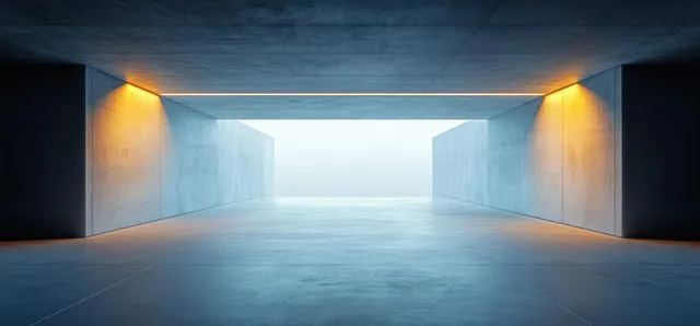 Concrete tunnel corridor with glowing lights leading into a futuristic light-filled passage