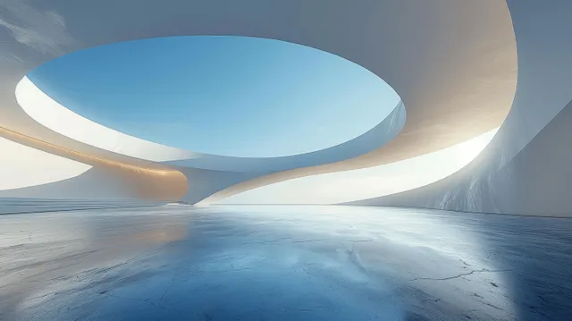 Curved white architectural walls frame a bright blue sky opening above a concrete floor.