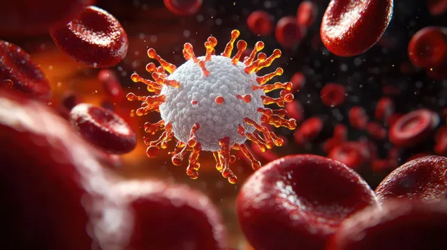 Glowing viral particle and immune activation signals surrounded by surrounding red blood cells in a dark microscopic scene.