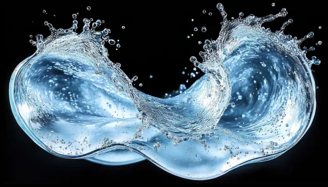 Clear blue water twists midair into a splash shape with droplets suspended against a black background.