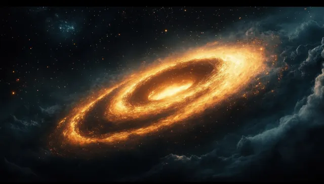 Golden spiral galaxy glowing over star-filled space with swirling cosmic dust clouds