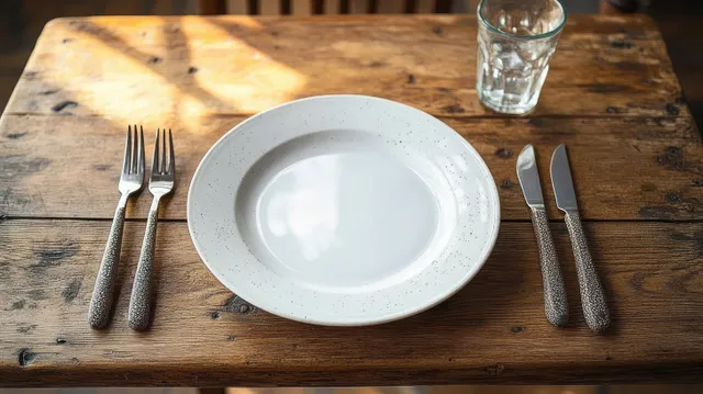 Empty white plate centered on a rustic wooden table with forks, knives, and an empty glass under warm sunlight.