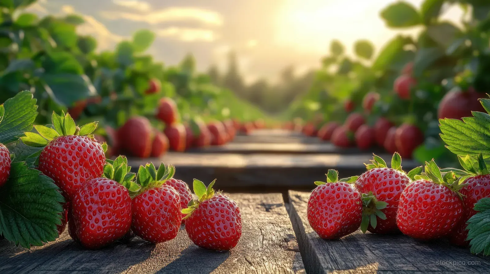 Ripe strawberries with green leaves sit on wooden boards beside rows of strawberry plants in sunlight.