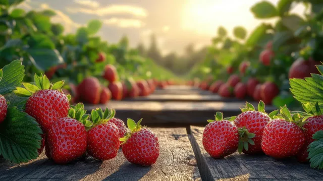 Ripe strawberries on wooden boards beside sunlit strawberry rows