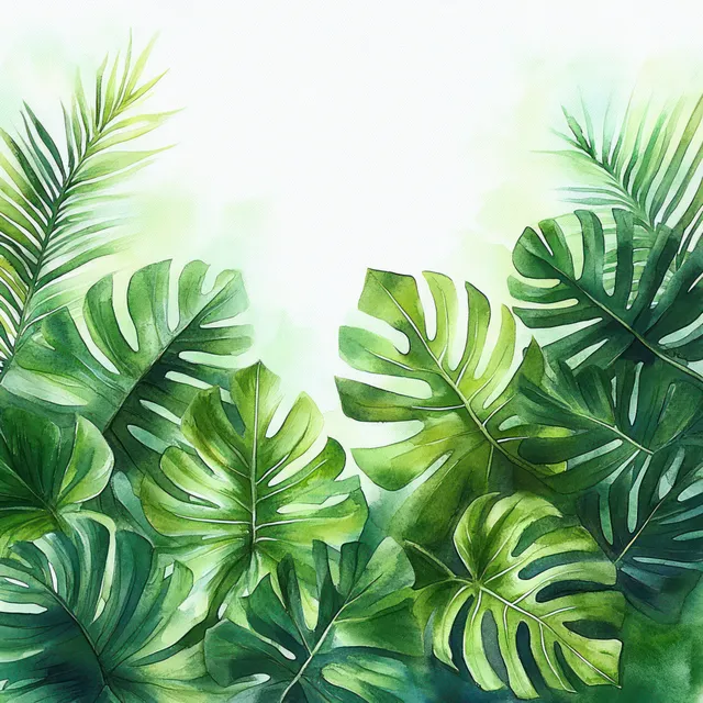 Close-up of tropical monstera leaves with visible veins and layered green shades on a light background.