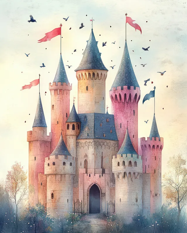 Watercolor illustration of a whimsical pastel castle with flags and birds flying under a pale sky.