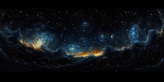 Swirling galaxy starfield with glowing nebula clouds across a dark night sky.