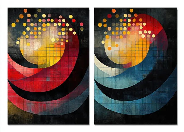 Two framed abstract posters featuring overlapping circles and halftone dot grids on dark textured backgrounds.