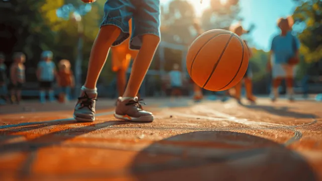 Close-up of a boy holding a basketball on a school outdoor court with blurred children playing behind him.