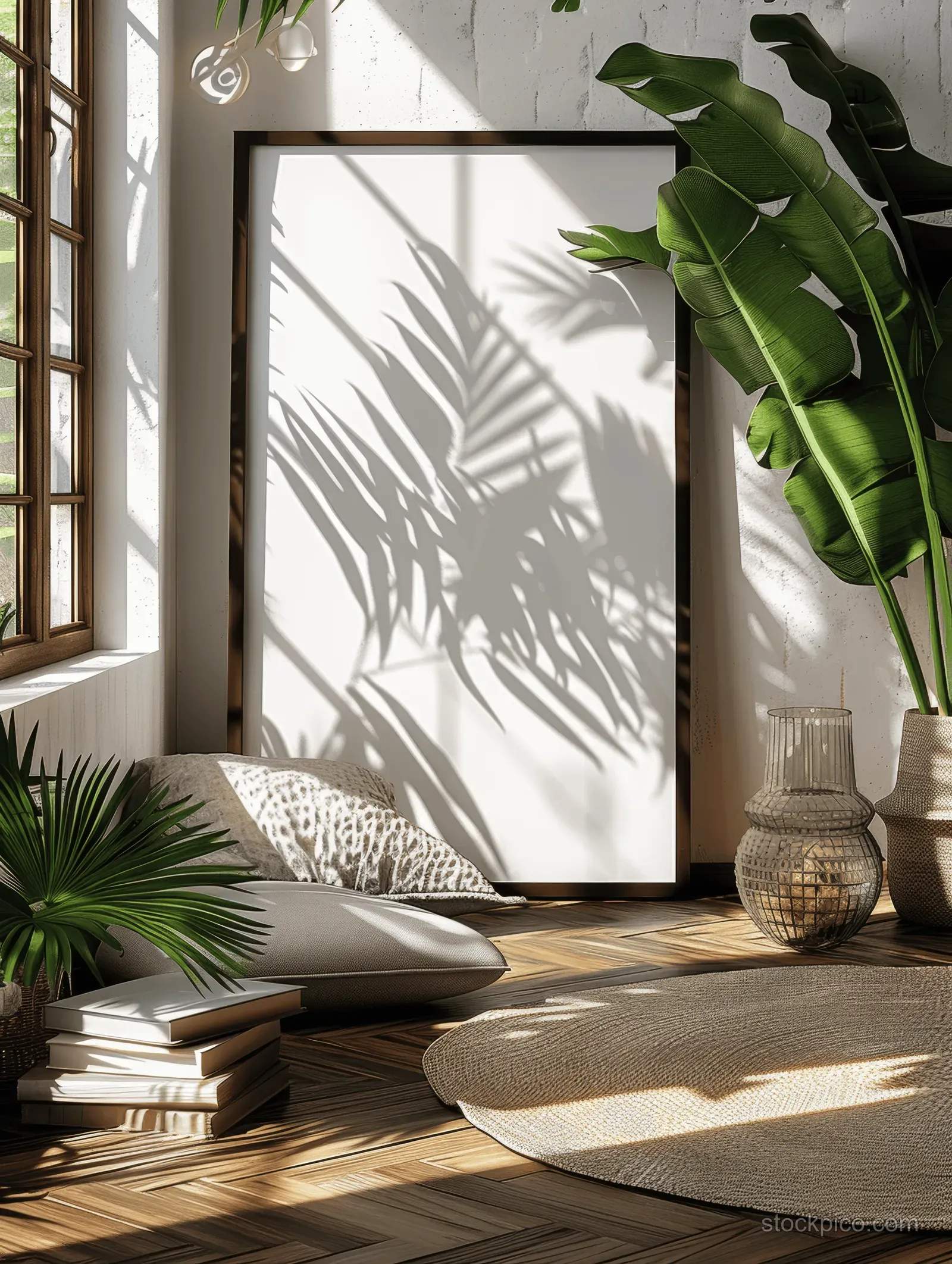 Sunlit modern living room with a black-framed poster, palm leaves, and stacked books on a wooden table.