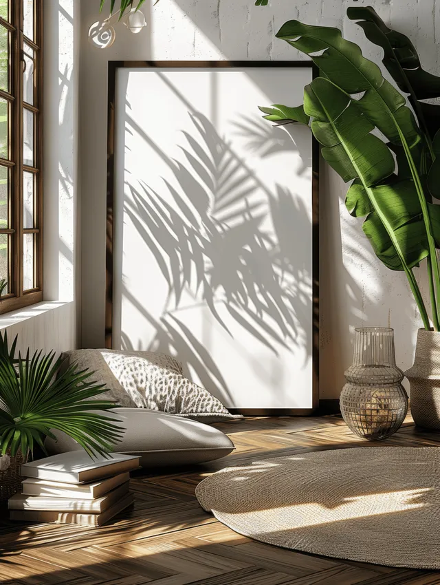 Sunlit modern living room with black-framed poster, palm leaves, books on wooden table