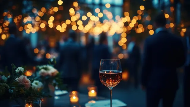 Two guests at an indoor business celebration with warm bokeh candle lights and wine glasses