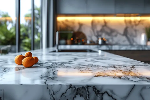 White marble kitchen countertop with small citrus fruits and daylight coming through a nearby window.