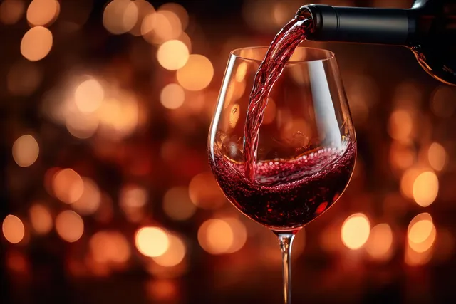 Red wine pours from a bottle into a stemmed glass as warm bokeh lights glow behind it.