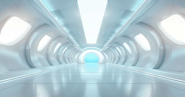 Un corredor futurista con paredes geométricas curvas y un centro de luz azul brillante bajo paneles de techo luminosos.