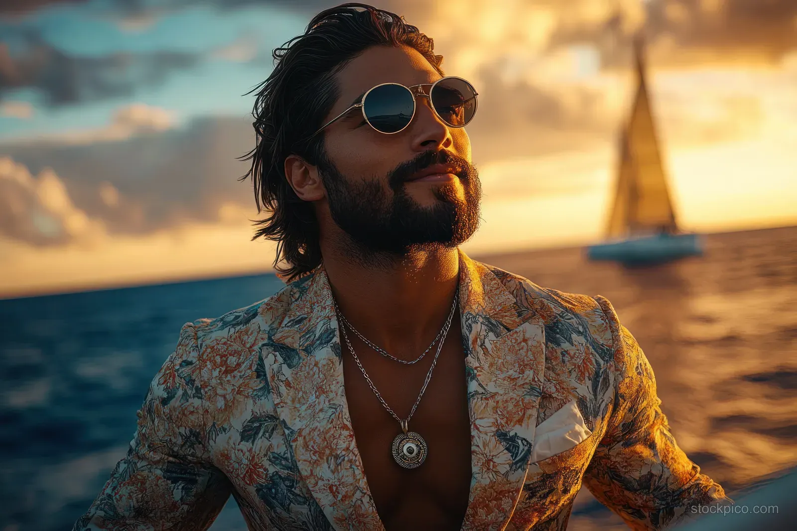 A man in sunglasses and a floral blazer stands beside a yacht at sunset with ocean reflections.
