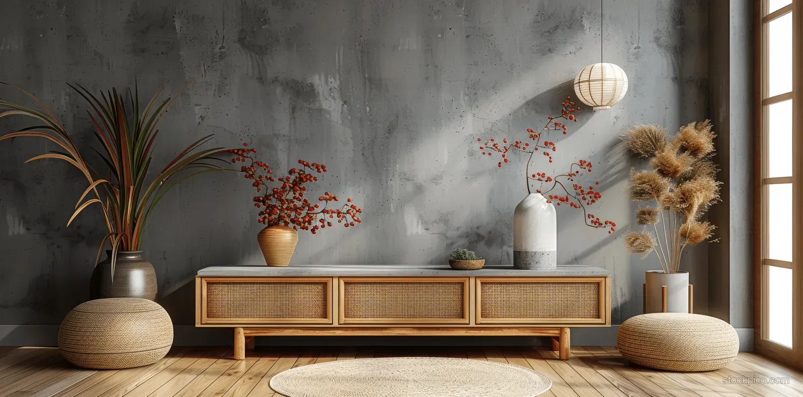 Low wooden cabinet with rattan accents against a concrete wall, surrounded by potted plants and soft lighting.