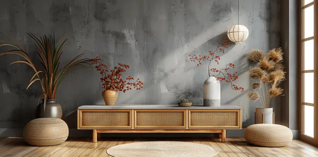 Low wooden cabinet with rattan accents against a concrete wall, surrounded by potted plants and soft lighting.