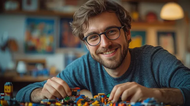 Smiling man with glasses builds colorful toy blocks indoors with hands in focus and a blurred background.