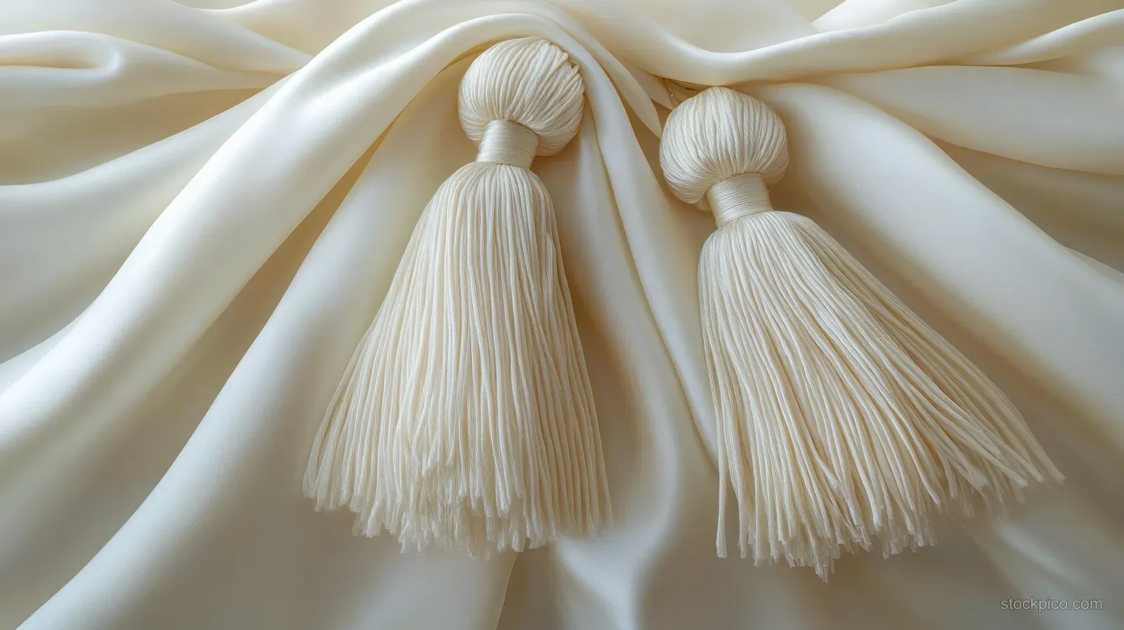 Two cream tassels rest on flowing pale satin fabric, with soft light highlighting delicate threads.