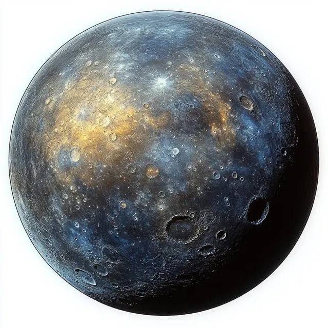 A cratered moon-like sphere in space with blue and golden highlights across its rocky surface.