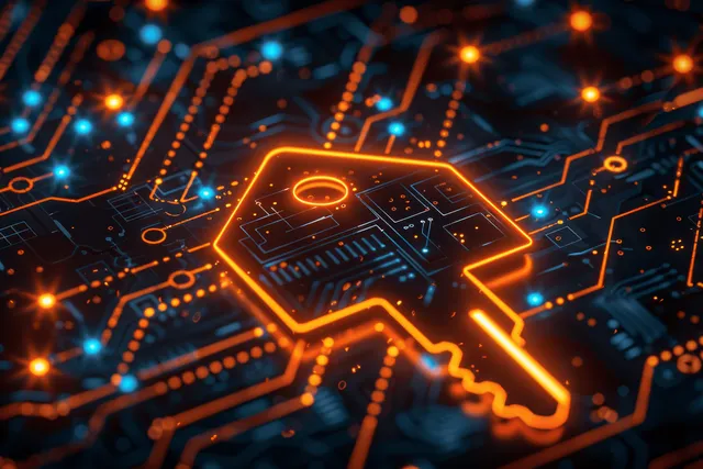 A glowing digital key icon surrounded by circuit traces on a blue and orange background.