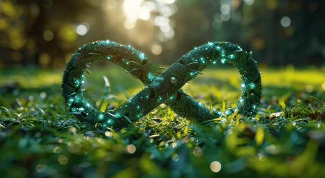Glowing green leaf recycling symbol rests on sunlit grass in a garden.