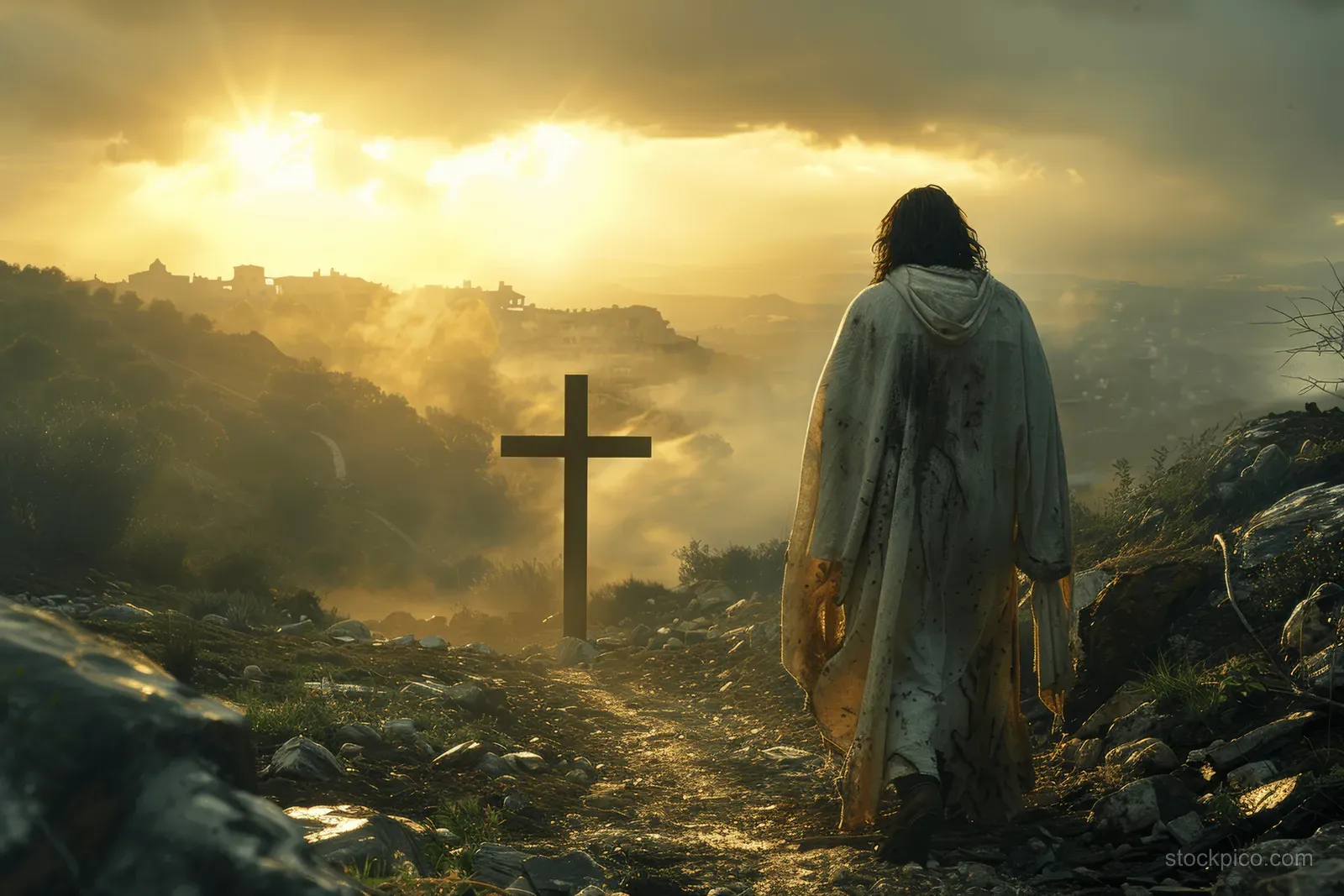 Jesus-like figure in a rocky valley beside an empty tomb entrance with a glowing cross at sunrise through mist.