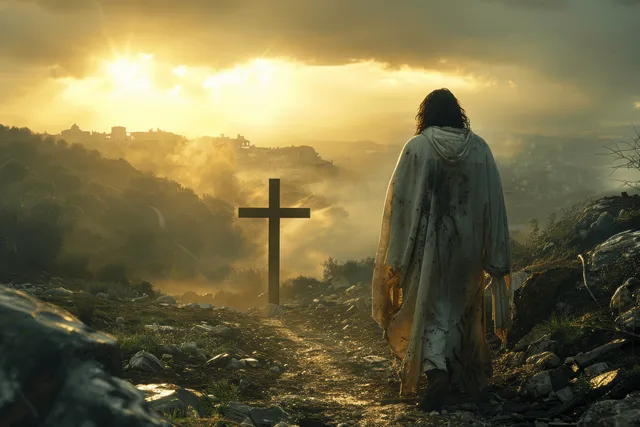 Jesus in a rocky valley path before an empty tomb, cross glowing in sunrise mist