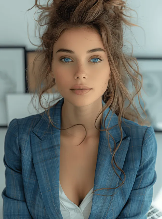 Businesswoman in blue blazer calculating on desk with laptop, close-up office work