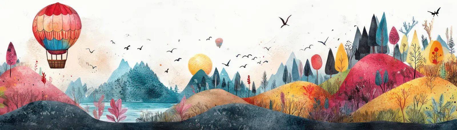 Hot air balloon floats over colorful watercolor hills and a calm lake with birds in the sky.