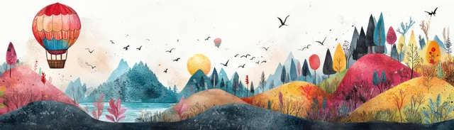 Hot air balloon floats over colorful watercolor hills and a calm lake with birds in the sky.