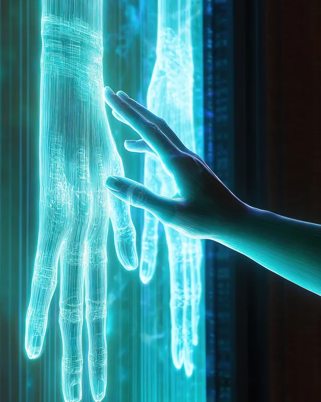 Human hand reaching to a glowing blue holographic hand through a vertical interface