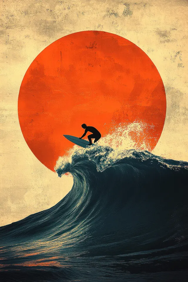 Silhouette of a surfer leaping above a curling ocean wave with a glowing orange sun in the background.