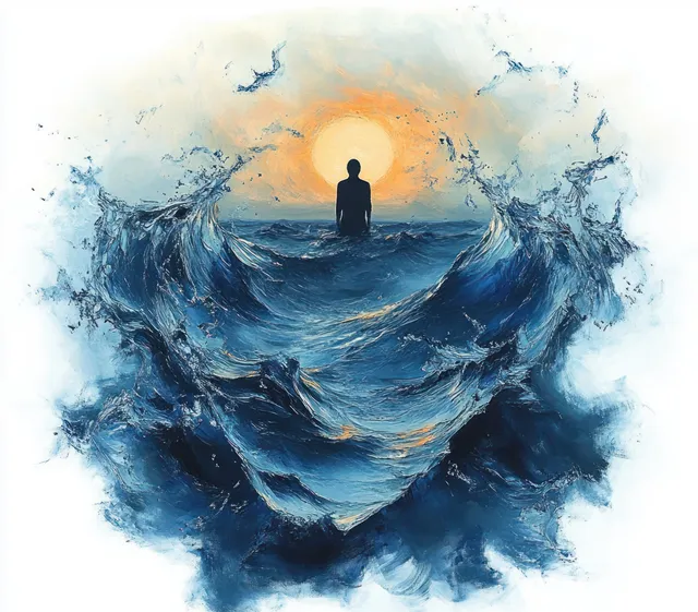 A lone silhouette stands in churning blue ocean waves as an orange sun glows on the horizon.