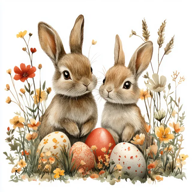 Two rabbits nestled in spring flowers beside decorated Easter eggs in a watercolor illustration.
